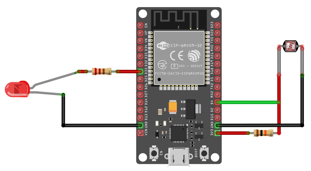 circuit connection of esp32 with photoresistor